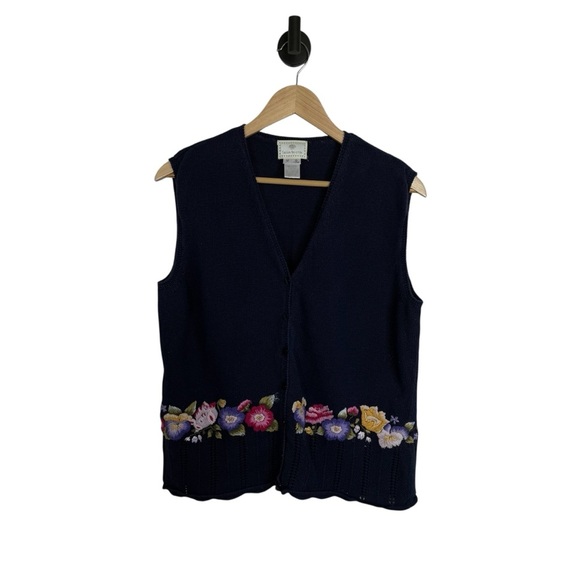 VINTAGE 90s Susan Bristol Hand Embroidered Floral Sweater Vest Navy Multi M - Picture 4 of 10